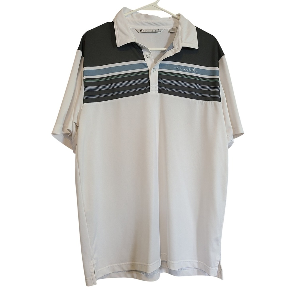 Travis Mathew Polo Shirt Men L White Striped Short Sleeve Golf Active Athleisure